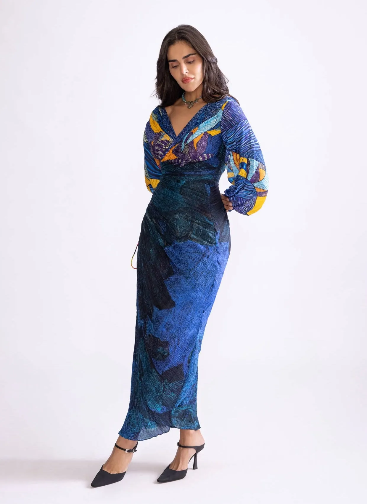 Eloise blue micro pleat dress