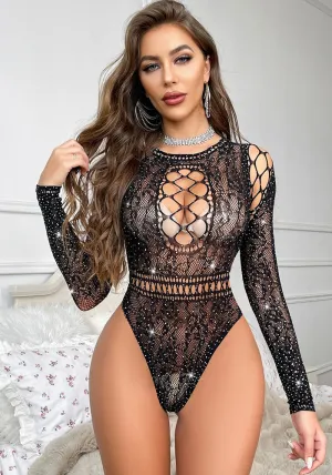 Exquisite Long Sleeve Beaded Lace Cutout Bodysuit