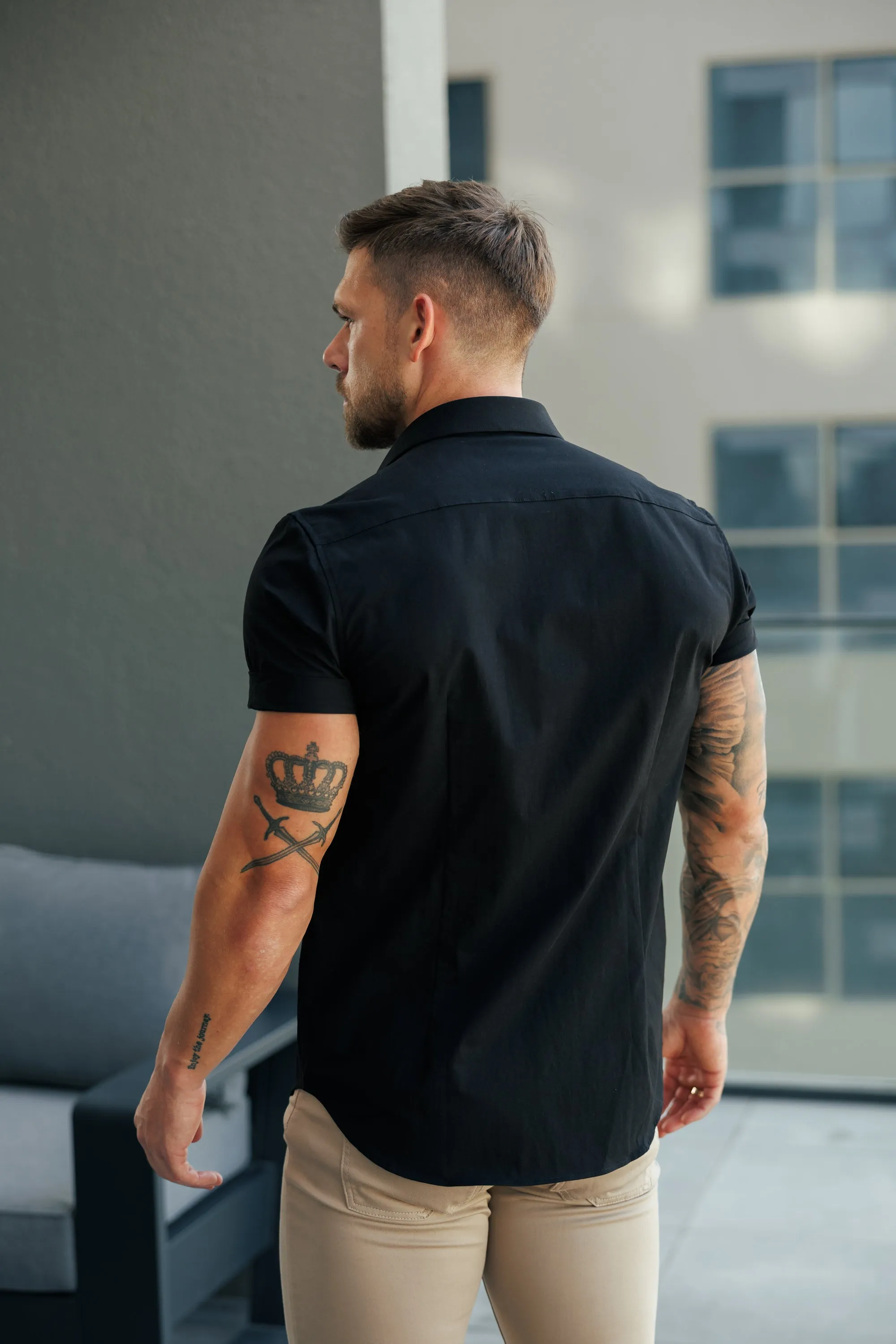 Father Sons Boxy Stretch Black Short Sleeve With 2 Chest Pockets ad Flaps- FS1097