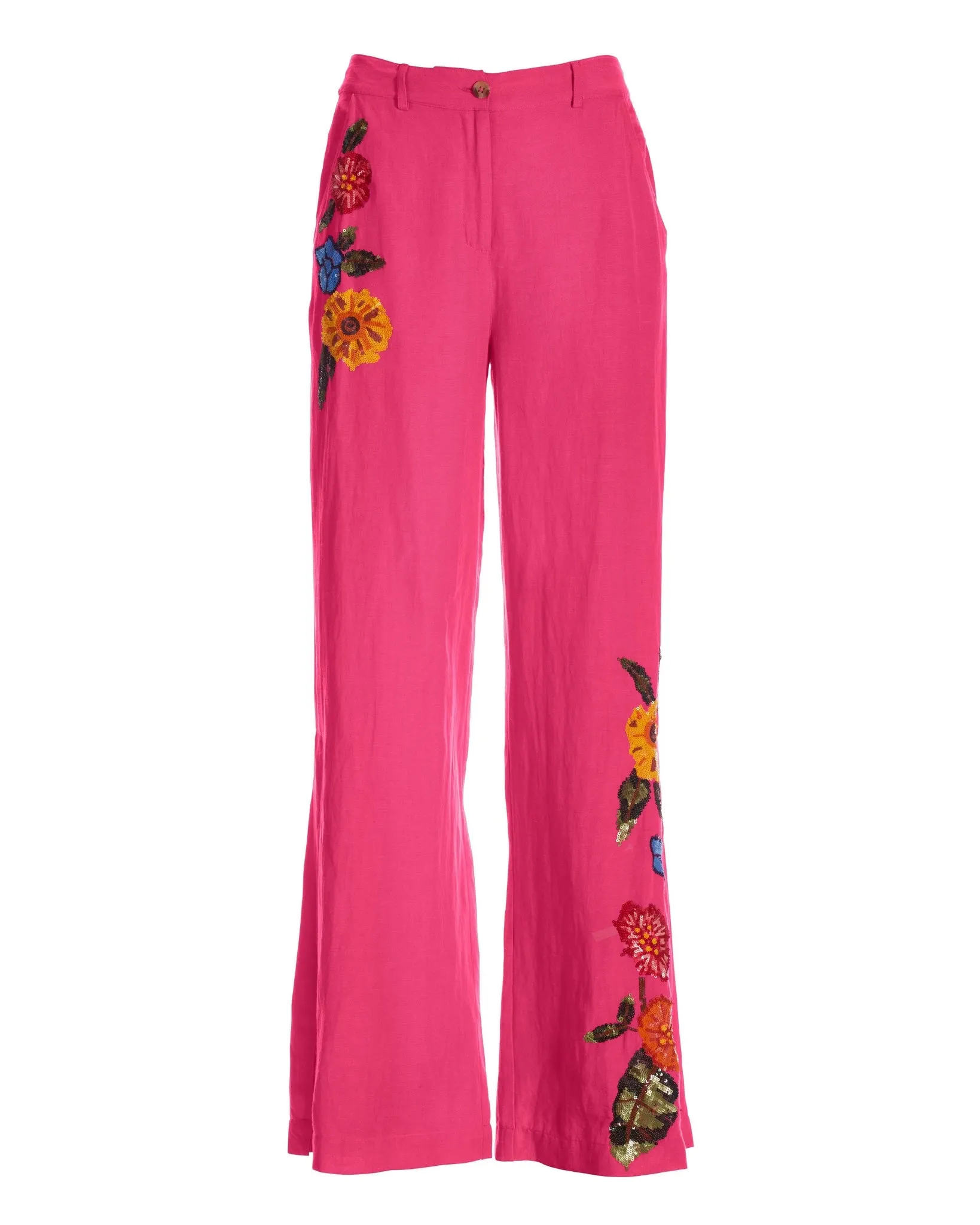 Floral Embellished Linen Pant Pink Multi