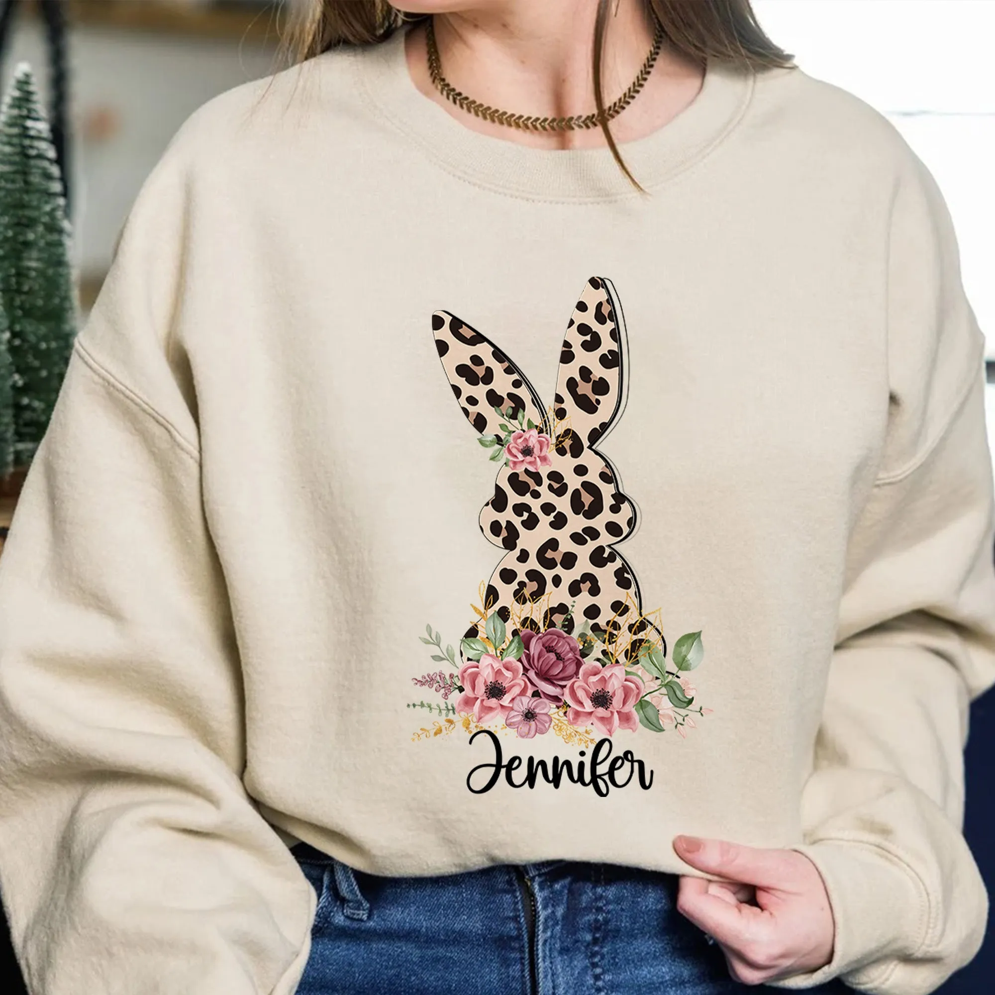 Floral Leopard Bunny Sweatshirt, Bunny Crewneck, Cute Easter Bunny T-Shirt, Happy Easter, Shirt with Bunnies, Easter Gift, Happy Easter T-Shirt