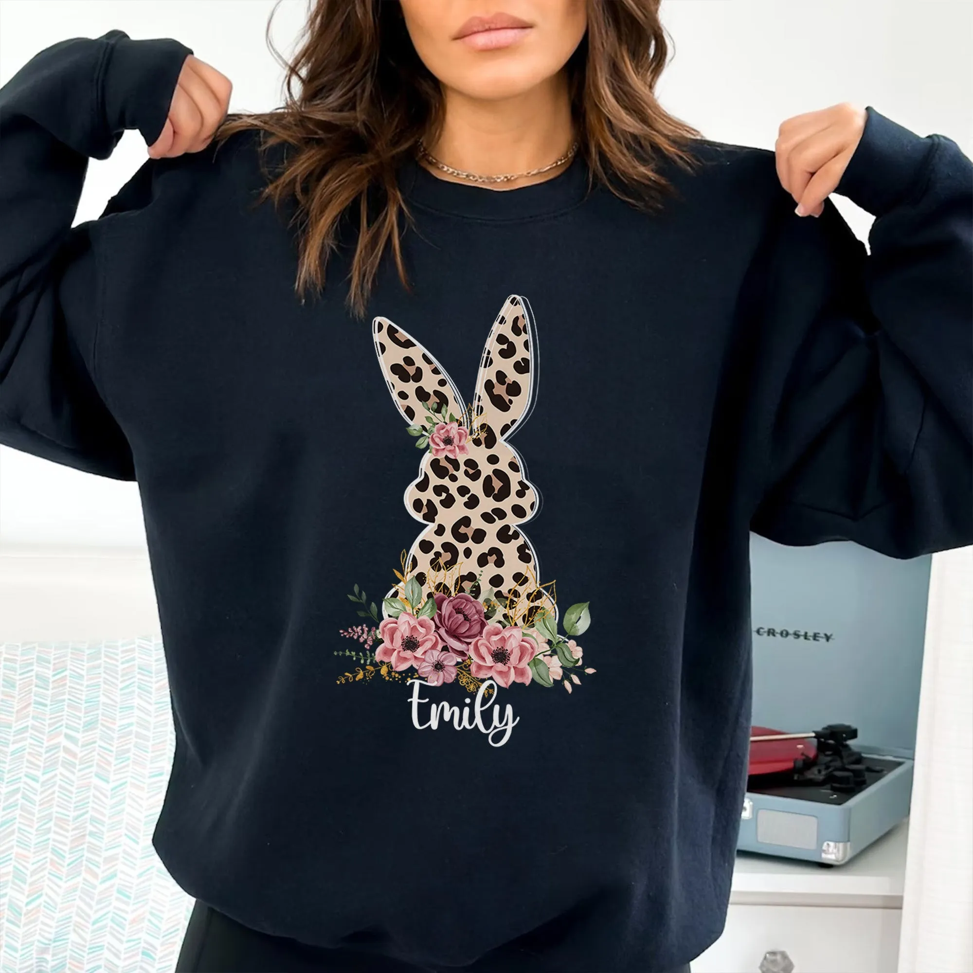 Floral Leopard Bunny Sweatshirt, Bunny Crewneck, Cute Easter Bunny T-Shirt, Happy Easter, Shirt with Bunnies, Easter Gift, Happy Easter T-Shirt