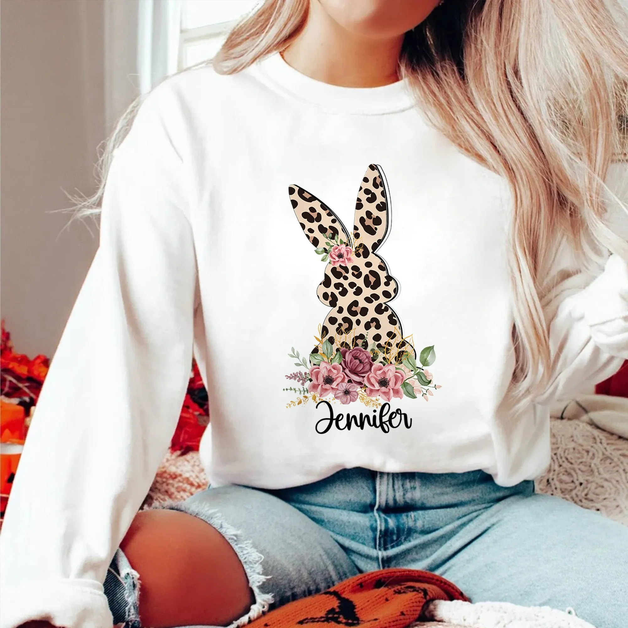 Floral Leopard Bunny Sweatshirt, Bunny Crewneck, Cute Easter Bunny T-Shirt, Happy Easter, Shirt with Bunnies, Easter Gift, Happy Easter T-Shirt