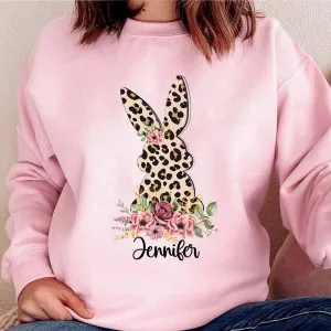 Floral Leopard Bunny Sweatshirt, Bunny Crewneck, Cute Easter Bunny T-Shirt, Happy Easter, Shirt with Bunnies, Easter Gift, Happy Easter T-Shirt