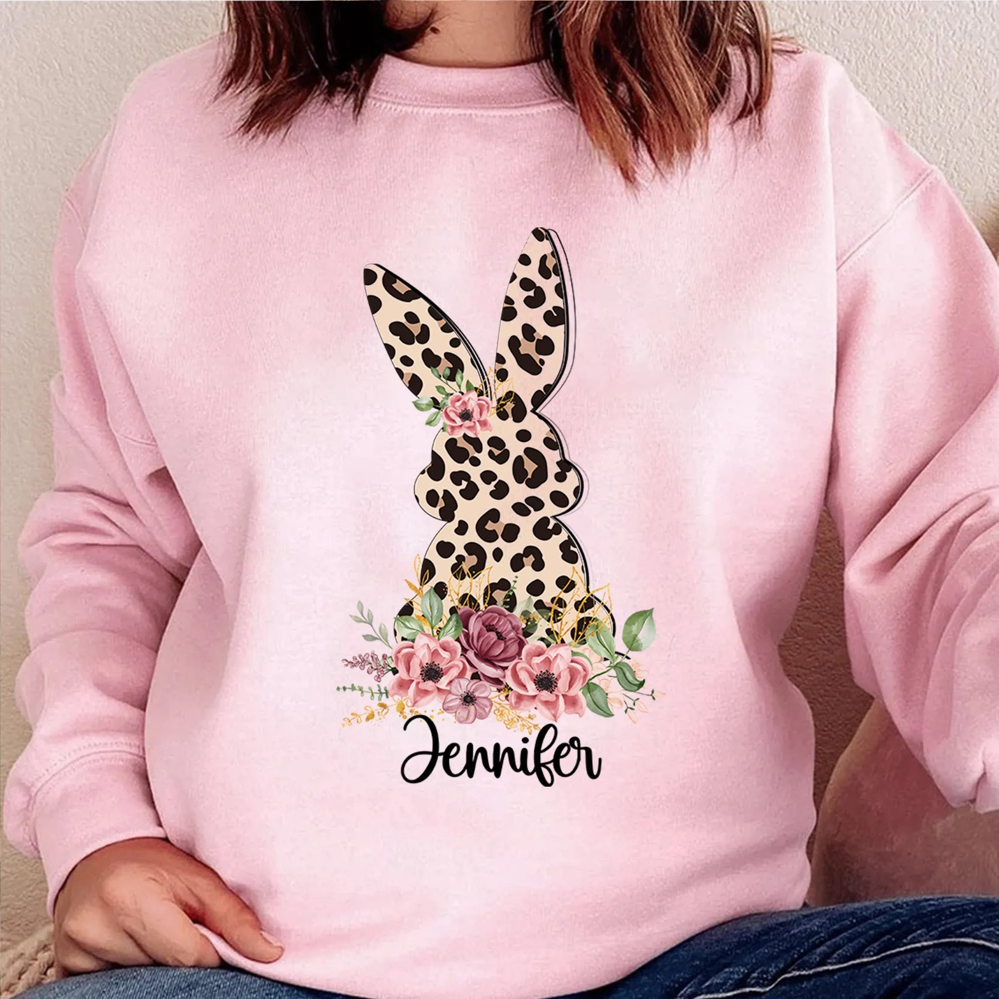 Floral Leopard Bunny Sweatshirt, Bunny Crewneck, Cute Easter Bunny T-Shirt, Happy Easter, Shirt with Bunnies, Easter Gift, Happy Easter T-Shirt