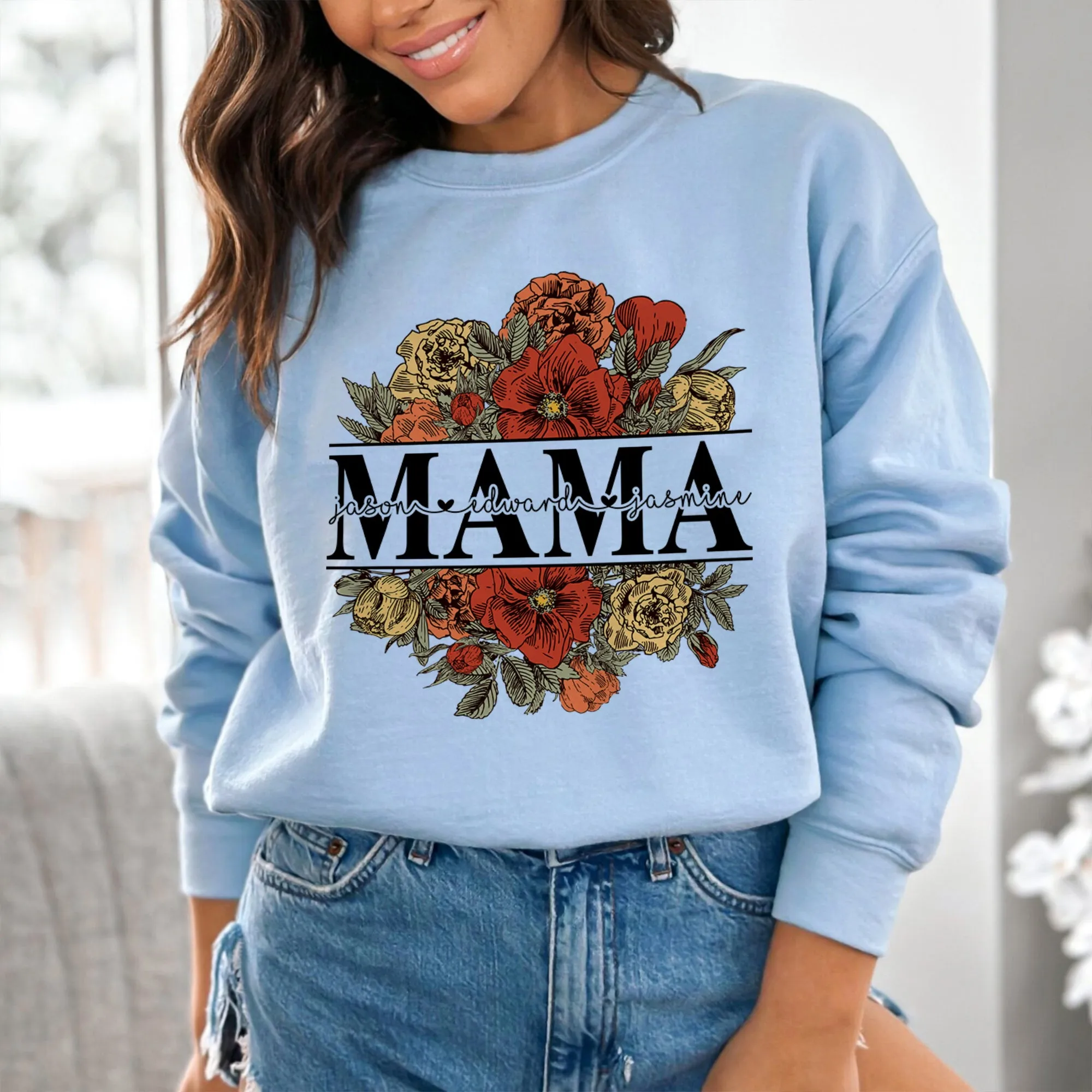 Floral Mama Sweatshirt, Custom Mom Shirt With Kids Names, Gift For Mom, Mother's Day Gift, Mother's Day Shirt, Vintage Mama Crewneck, Mama Gift