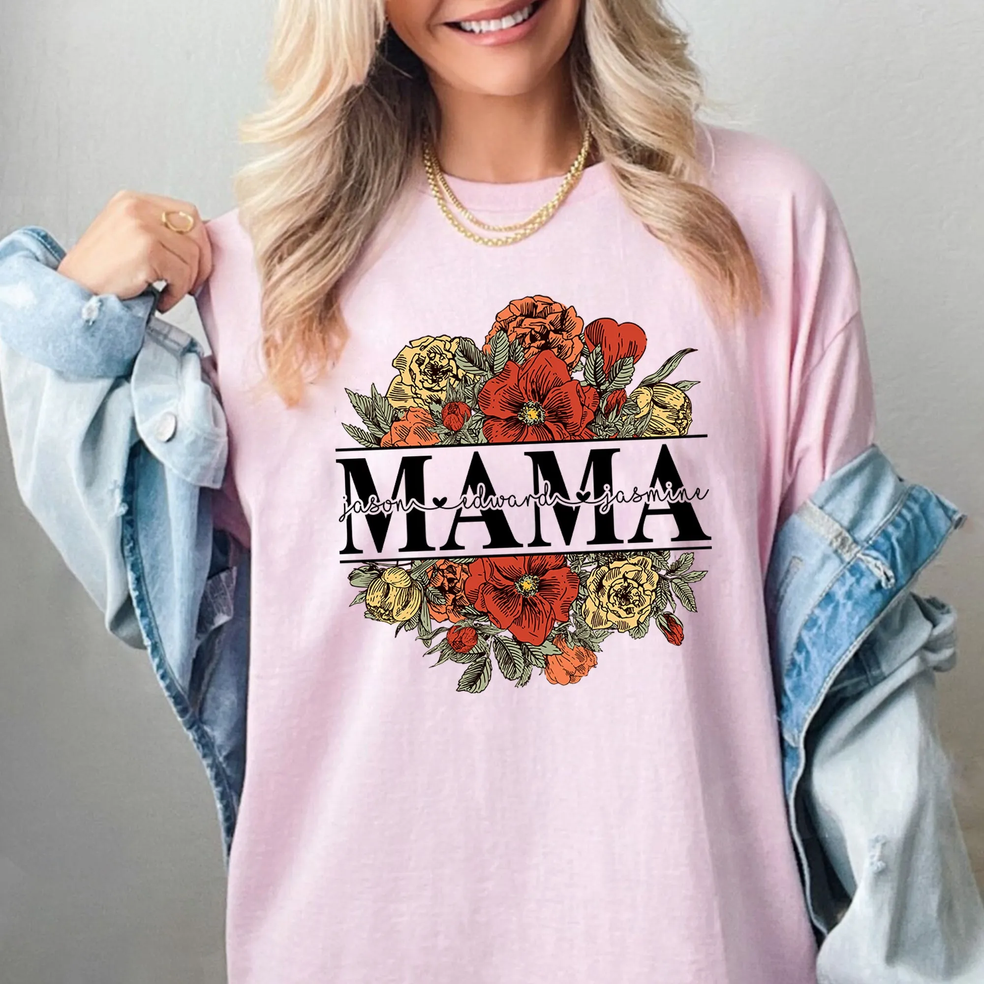 Floral Mama T-Shirt, Custom Mom Shirt With Kids Names, Gift For Mom, Mother's Day Gift, Mother's Day Shirt, Vintage Mama Shirt, Mama Gift