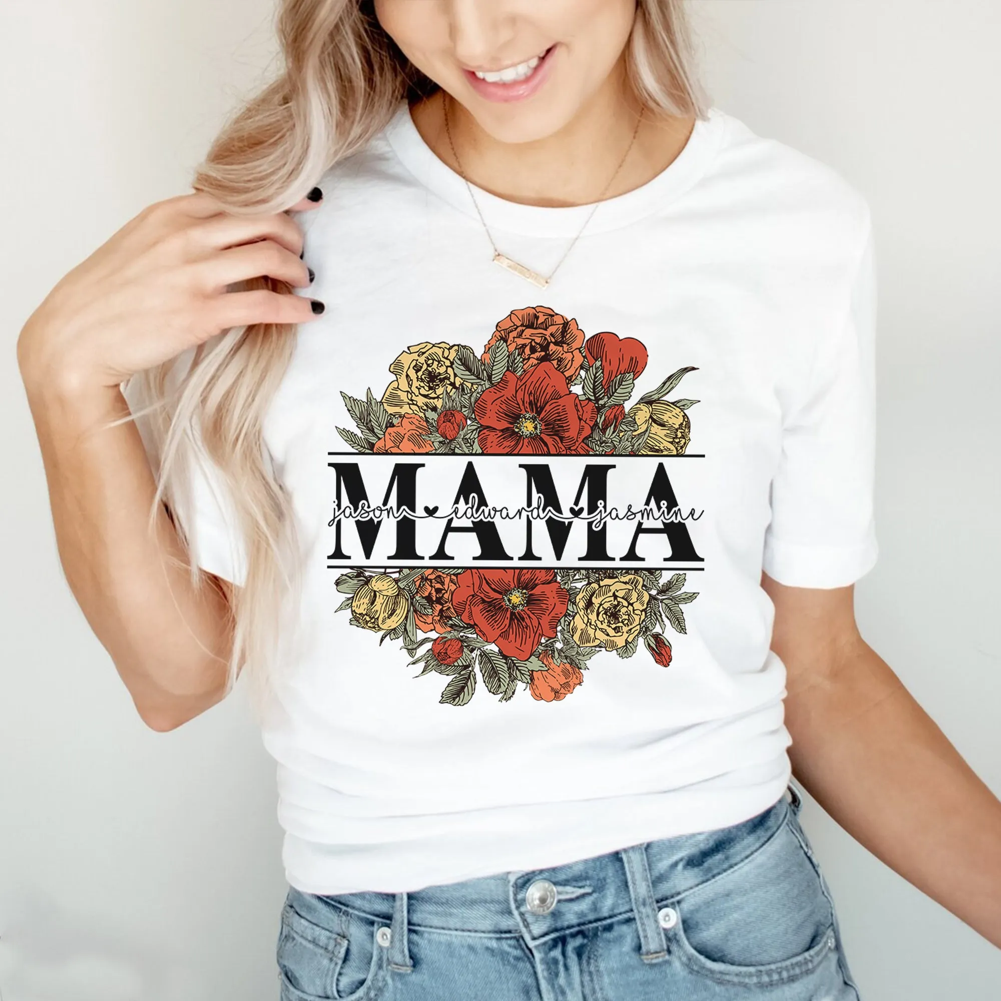 Floral Mama T-Shirt, Custom Mom Shirt With Kids Names, Gift For Mom, Mother's Day Gift, Mother's Day Shirt, Vintage Mama Shirt, Mama Gift
