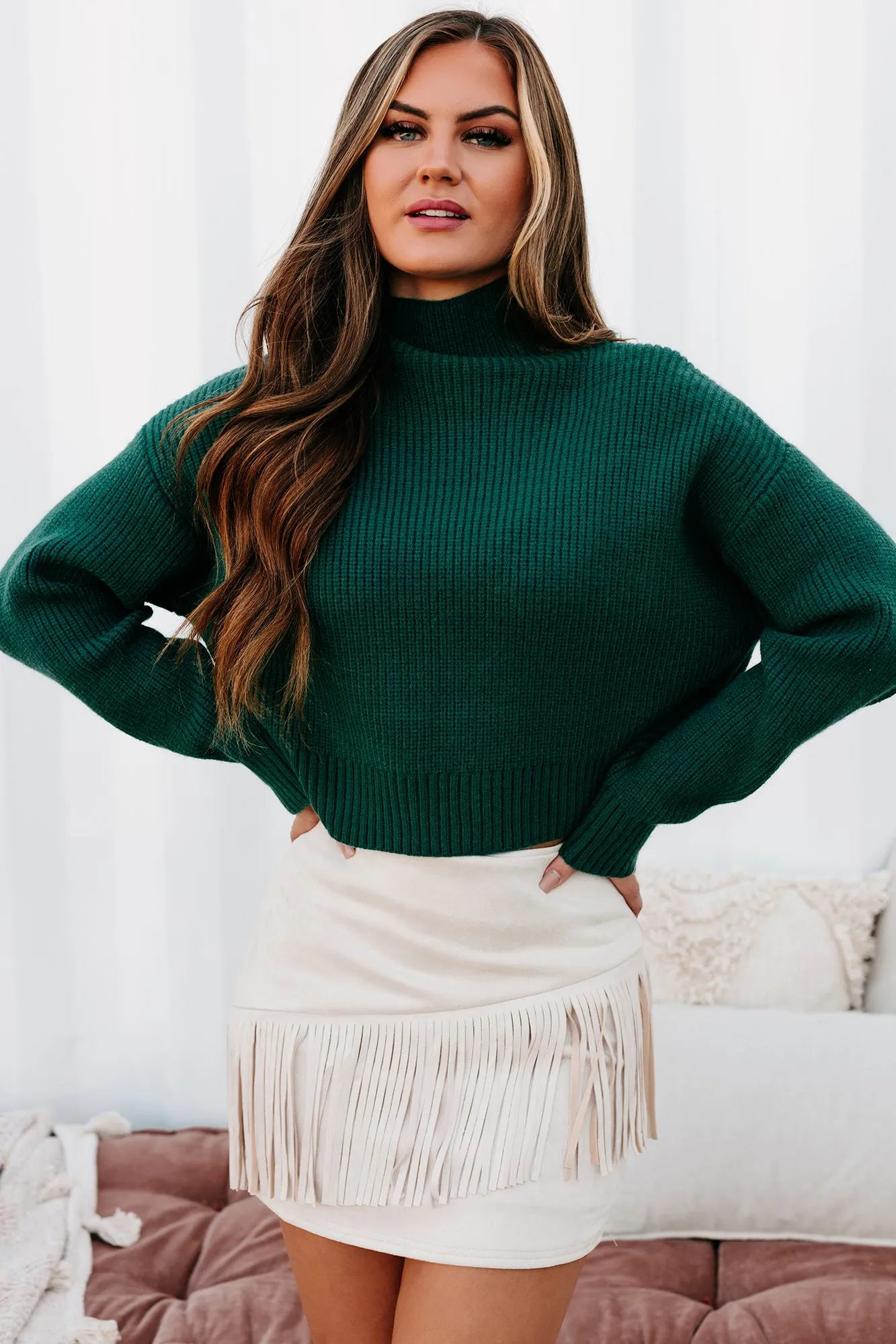 Francesca Cropped Mock Neck Sweater (Deep Green)