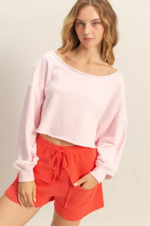 Frayed Detail Long Sleeve Crop Top