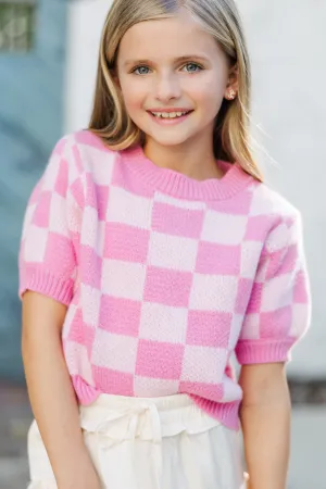 Girls: Love Like That Pink Checkered Crop Sweater