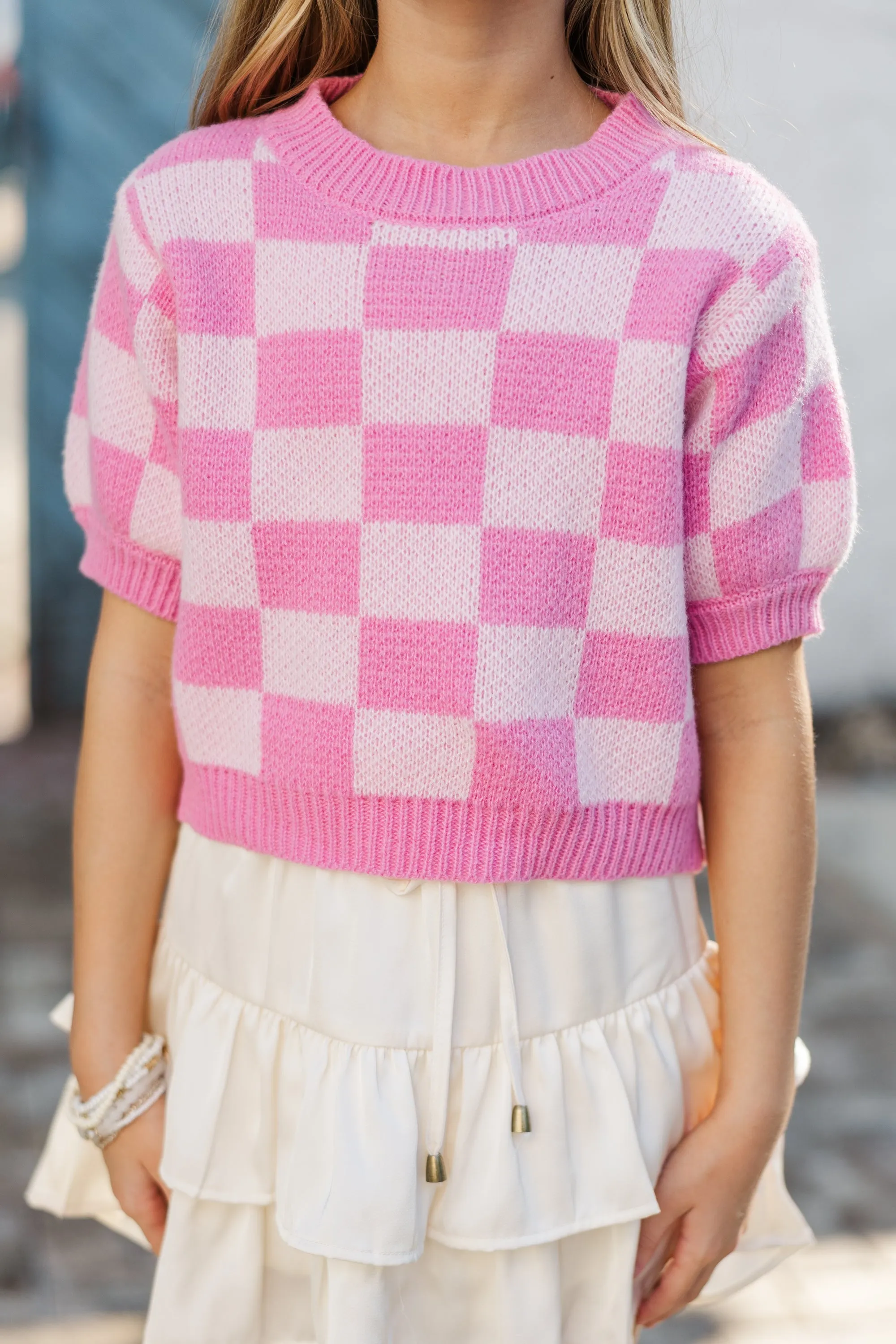 Girls: Love Like That Pink Checkered Crop Sweater