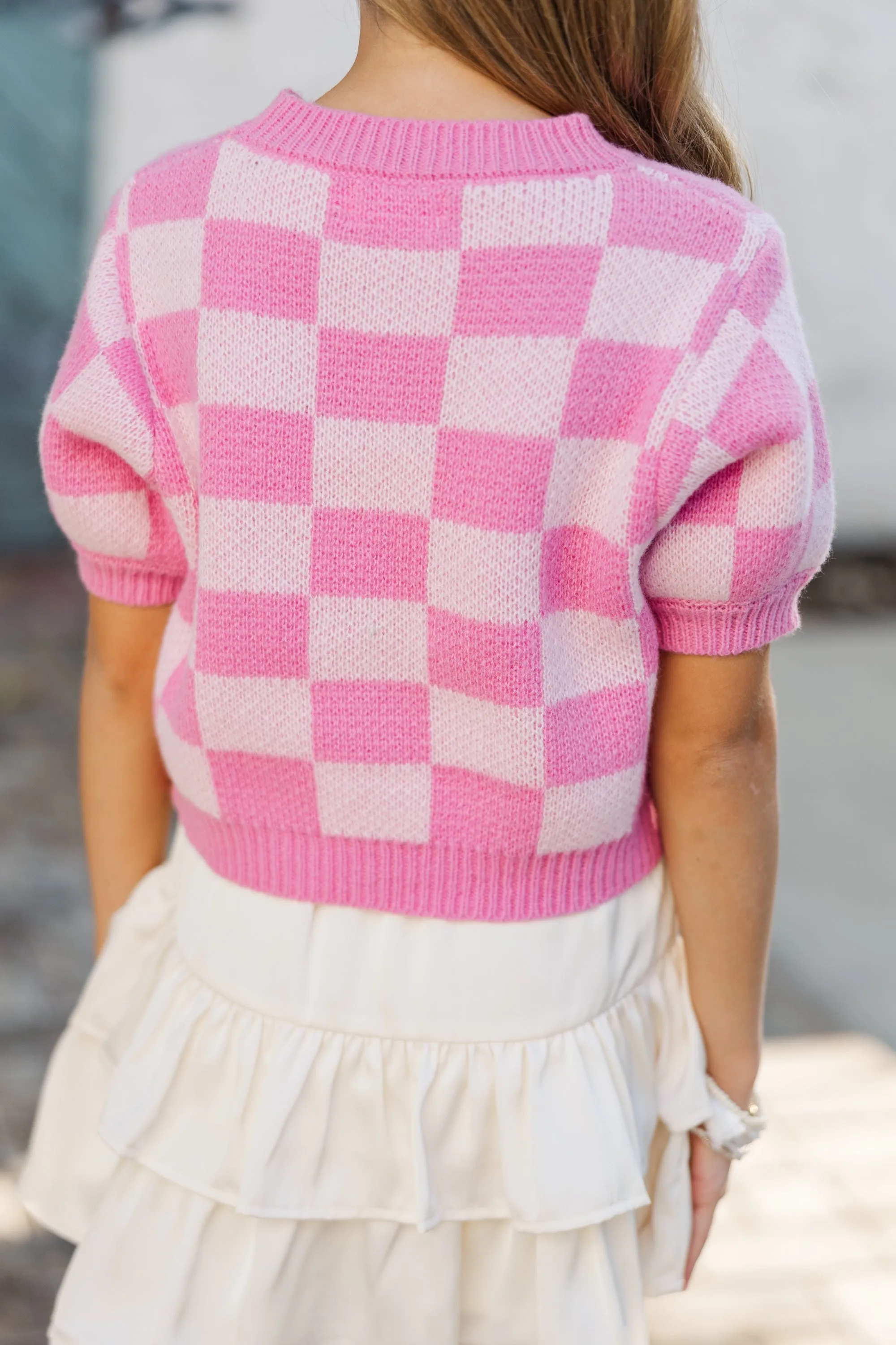 Girls: Love Like That Pink Checkered Crop Sweater