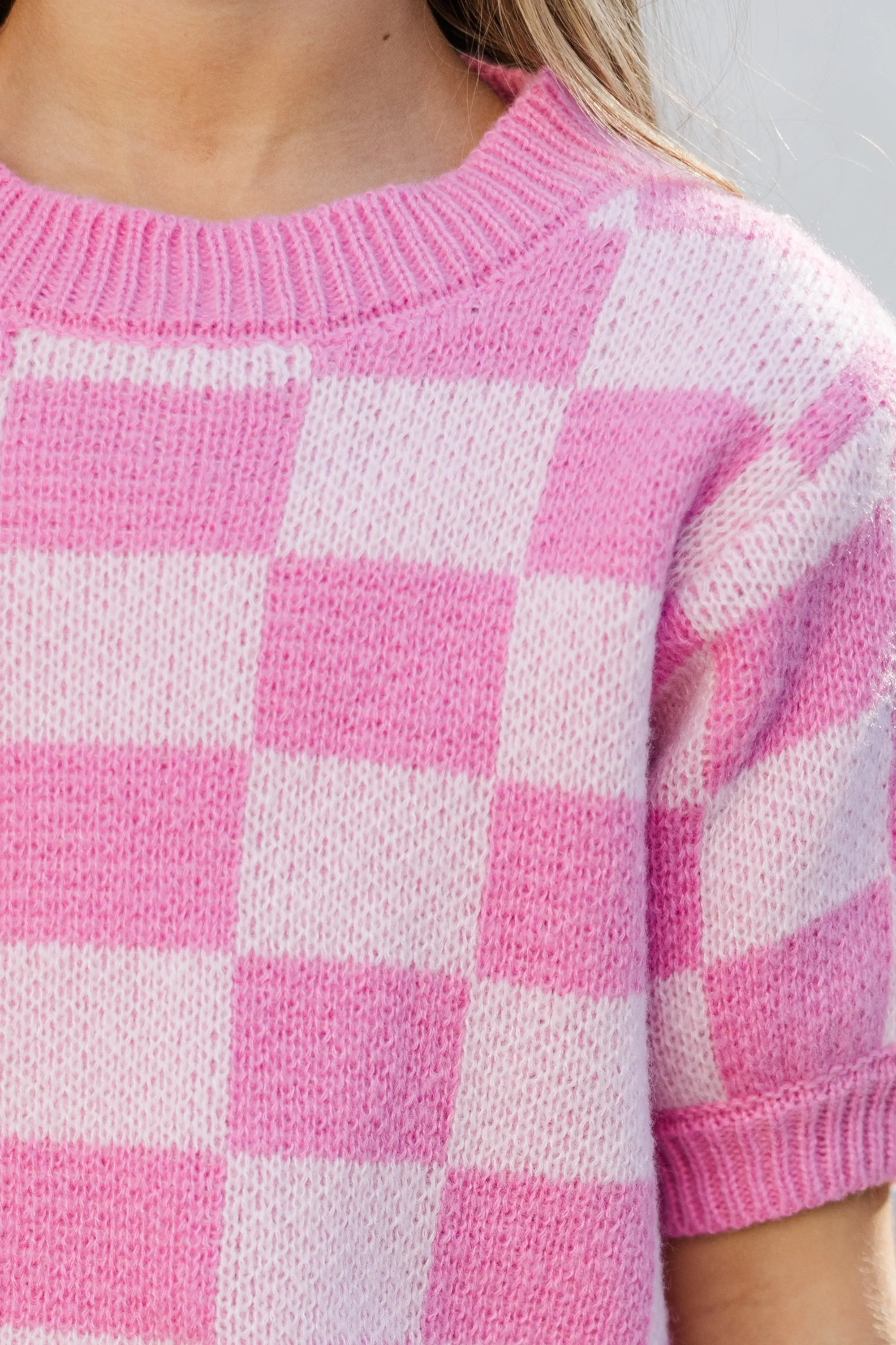 Girls: Love Like That Pink Checkered Crop Sweater