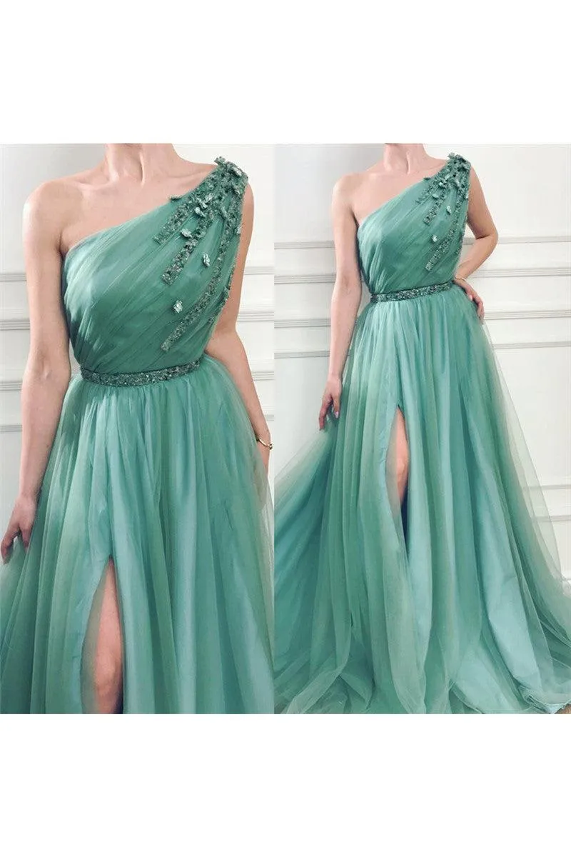 Gorgeous One Shoulder Green Tulle Prom Party Gowns with Beading Chic Front Slit Long Prom Party Gowns with Beading Sash