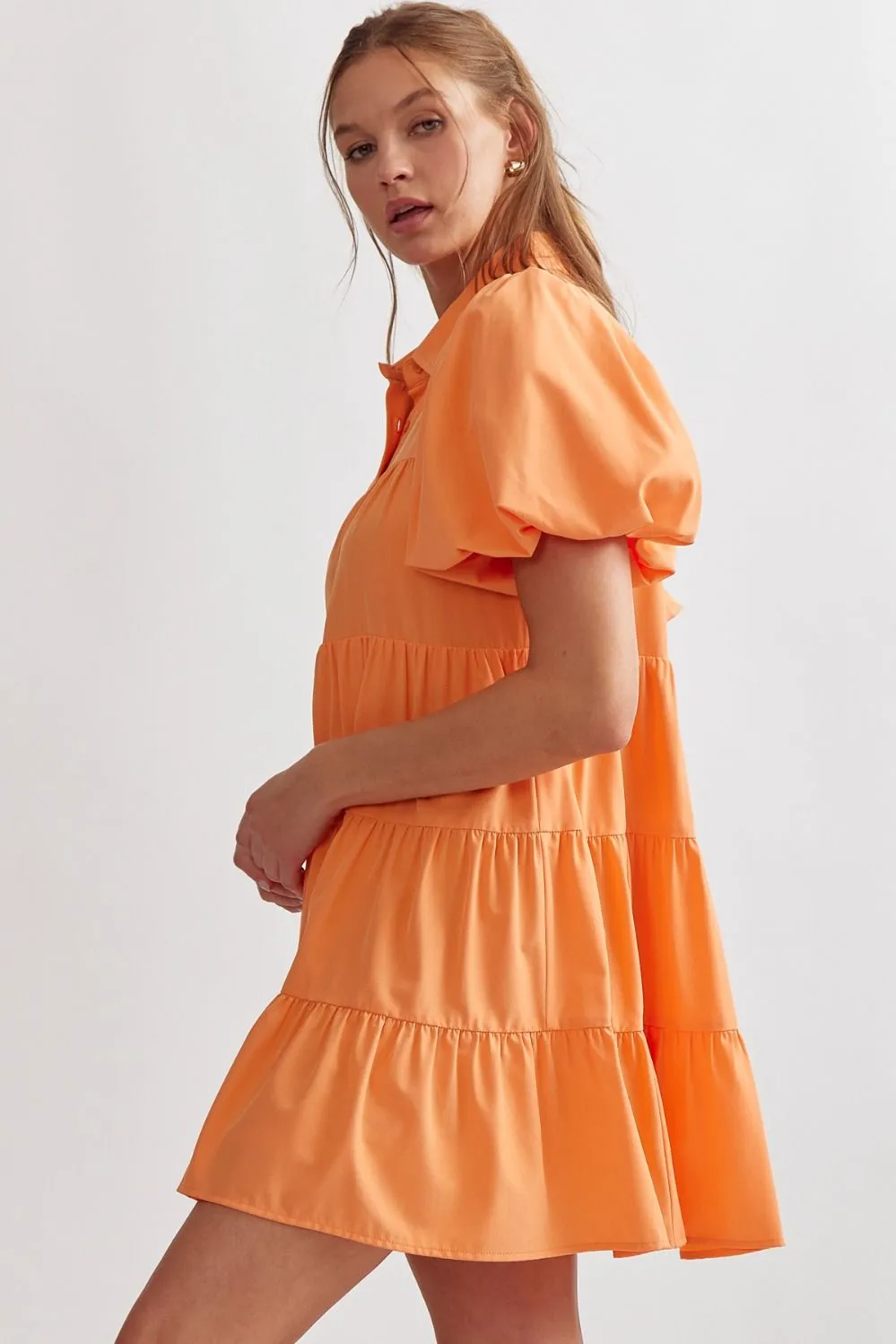 Grady Solid Button Up Tiered Mini Dress Featuring Puff Sleeves In Apricot