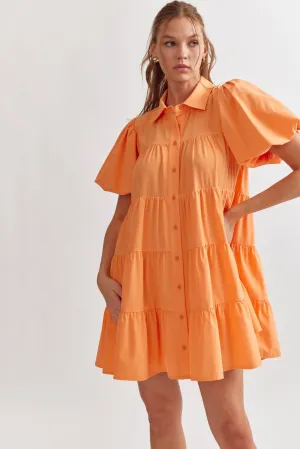 Grady Solid Button Up Tiered Mini Dress Featuring Puff Sleeves In Apricot