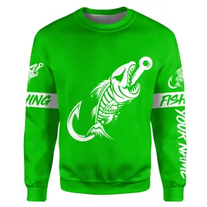 Green Fish hook skull fish reaper skeleton Custom name fishing jerseys | Sweatshirt - NPQ780