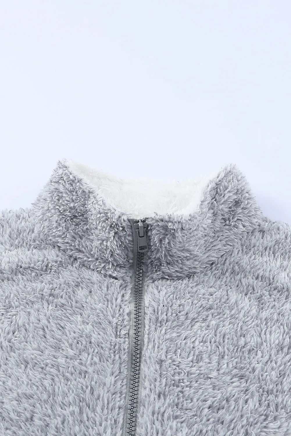 Grey Zip Neck Oversize Fluffy Fleece Pullover