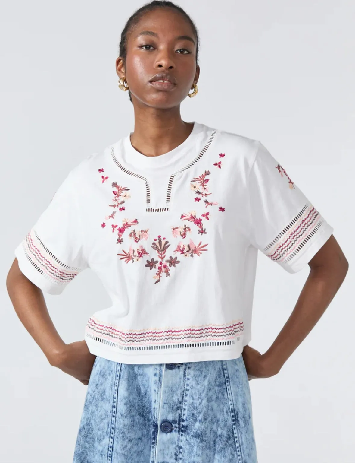 Hayley Menzies Maya Embroidered Cropped T Shirt