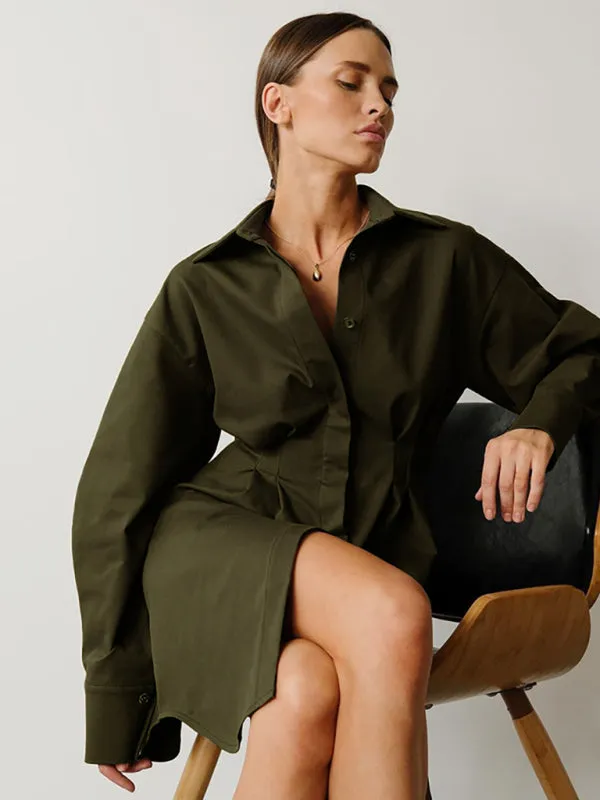 High-Waisted A-Line Shirt Dress with Button-Down Front