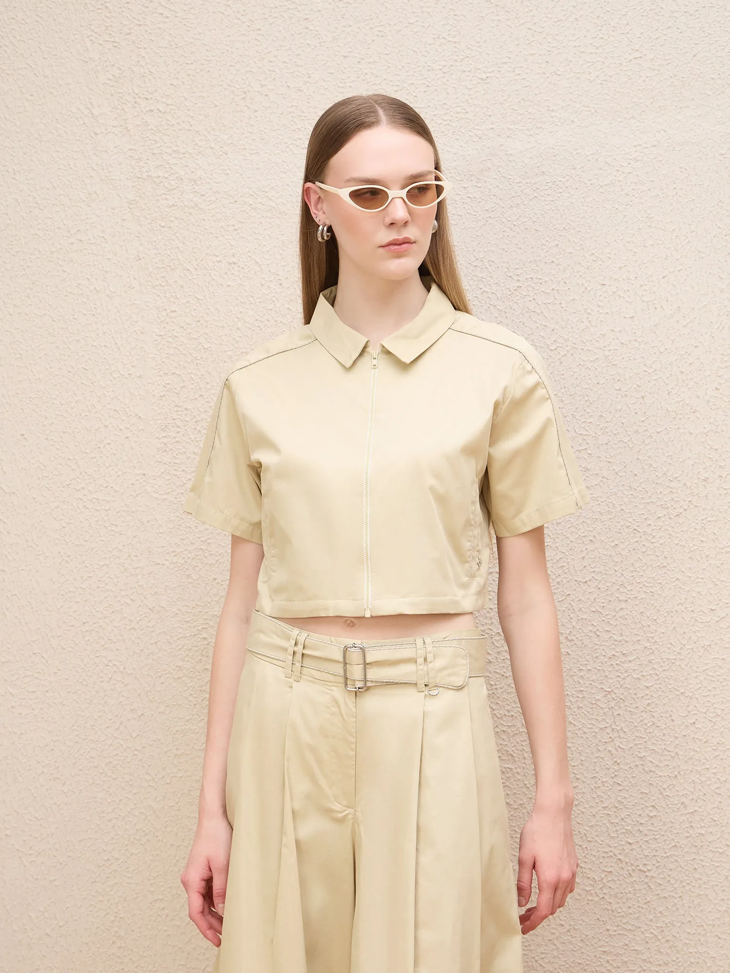 Iconic Women Cream Solid Collar Shirt
