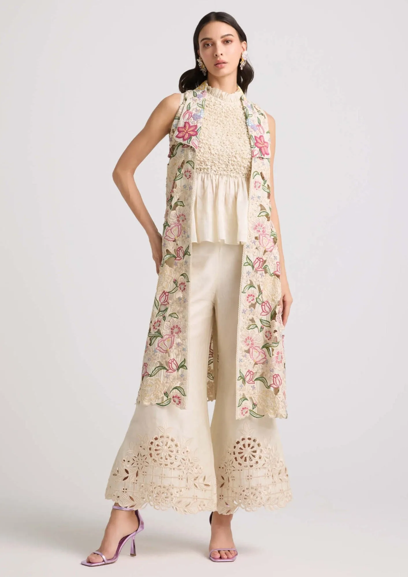 Ivory tulip cutwork long jacket