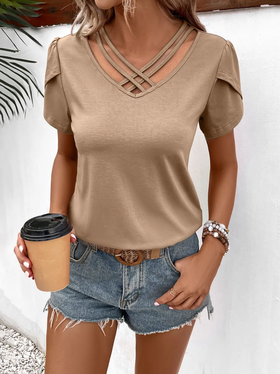 Ivy Lane Strappy V-Neck Petal Sleeve Top