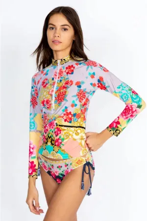 Johnny Was Swim Long Sleeve Japer Surf Shirt Ocean Rash Guard Top Red Floral Blue M NEW