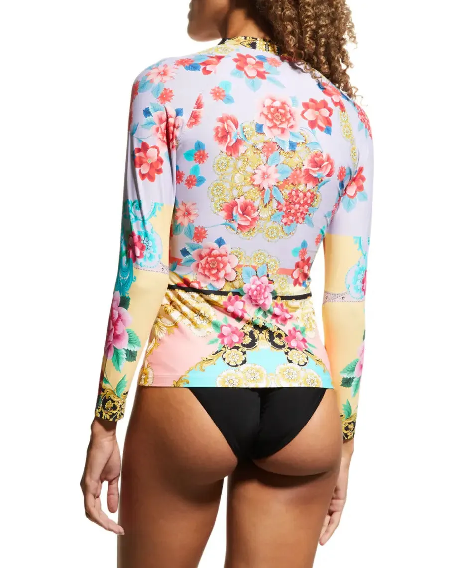 Johnny Was Swim Long Sleeve Japer Surf Shirt Ocean Rash Guard Top Red Floral Blue M NEW