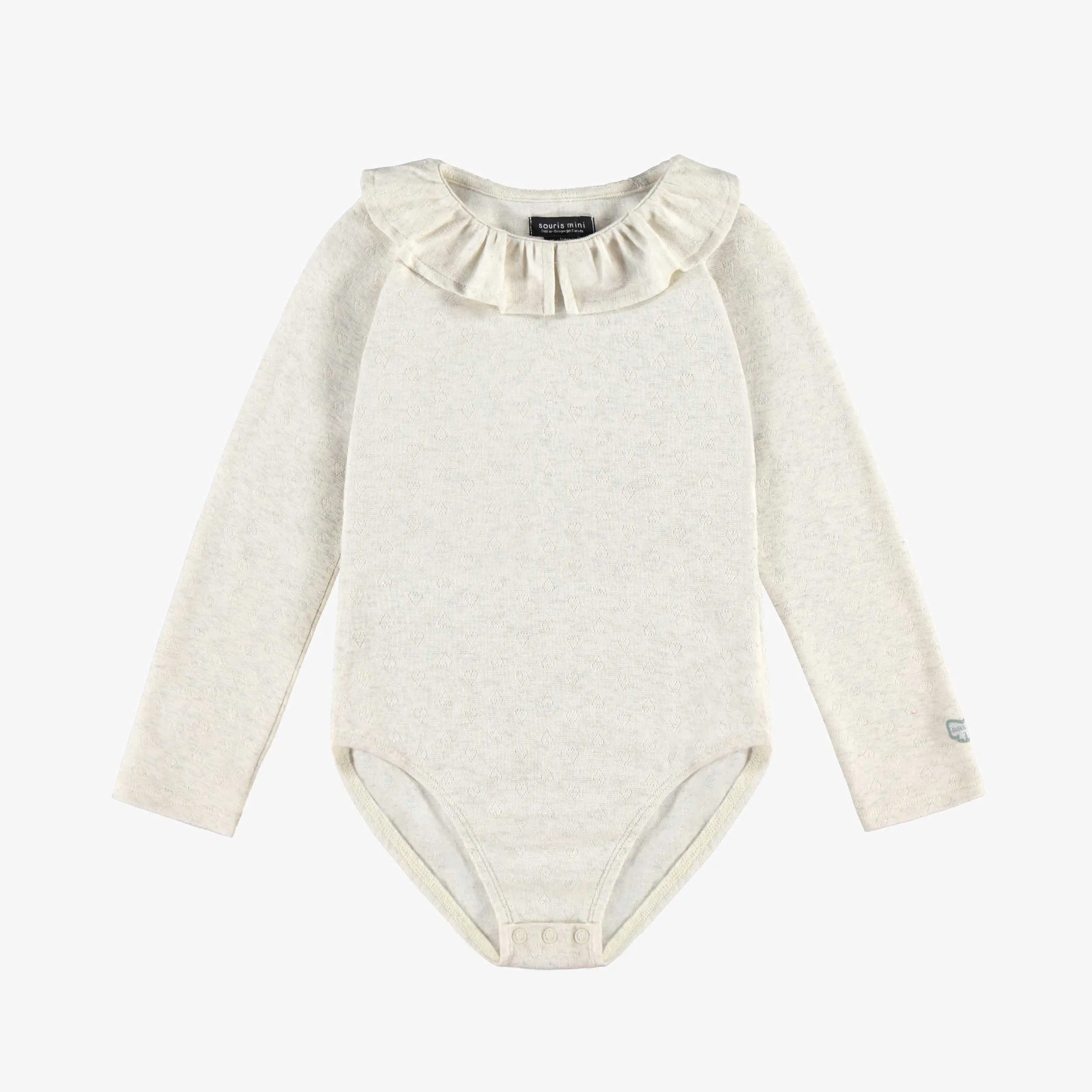 Justaucorps crème avec col Claudine en jersey pointelle brillant, enfant || Cream bodysuit with Claudine collar in shiny pointelle jersey, child