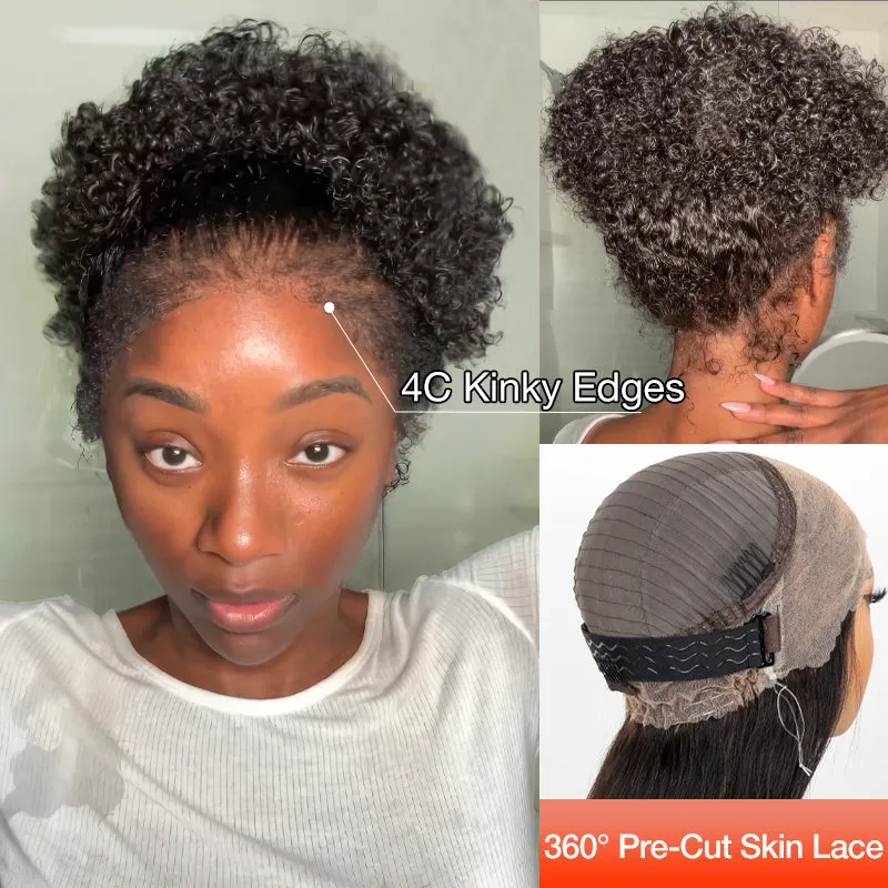 Kinky Curly 4C Edges Invisi Strap Laid Flat 360 Lace Wig Pre Cut Lace with Curly Baby Hair All Around