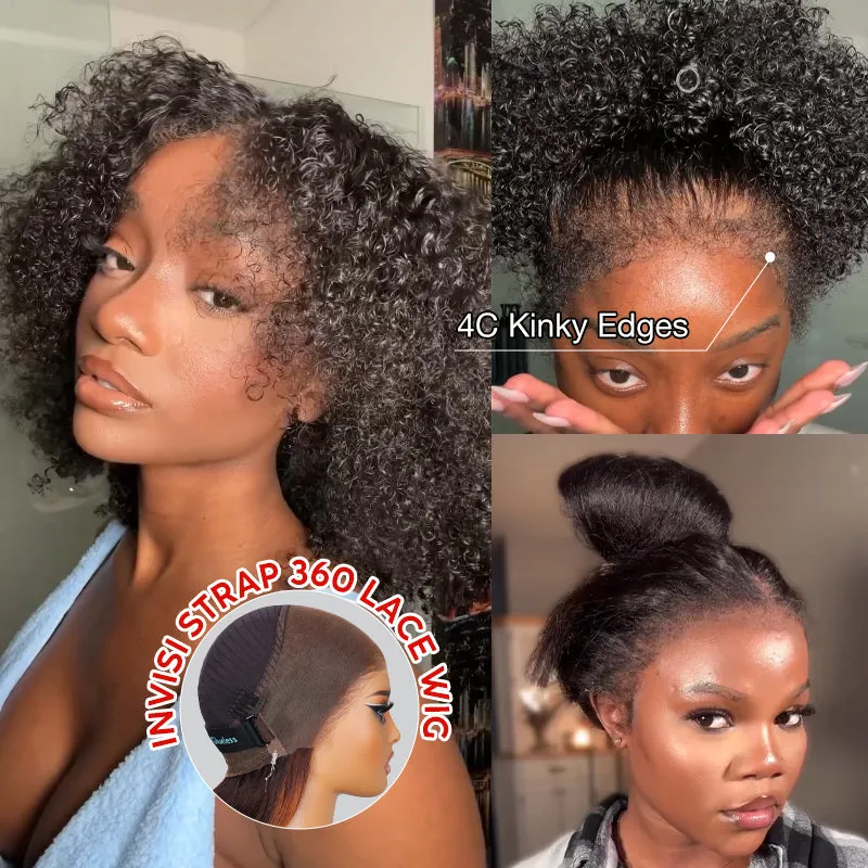 Kinky Curly 4C Edges Invisi Strap Laid Flat 360 Lace Wig Pre Cut Lace with Curly Baby Hair All Around