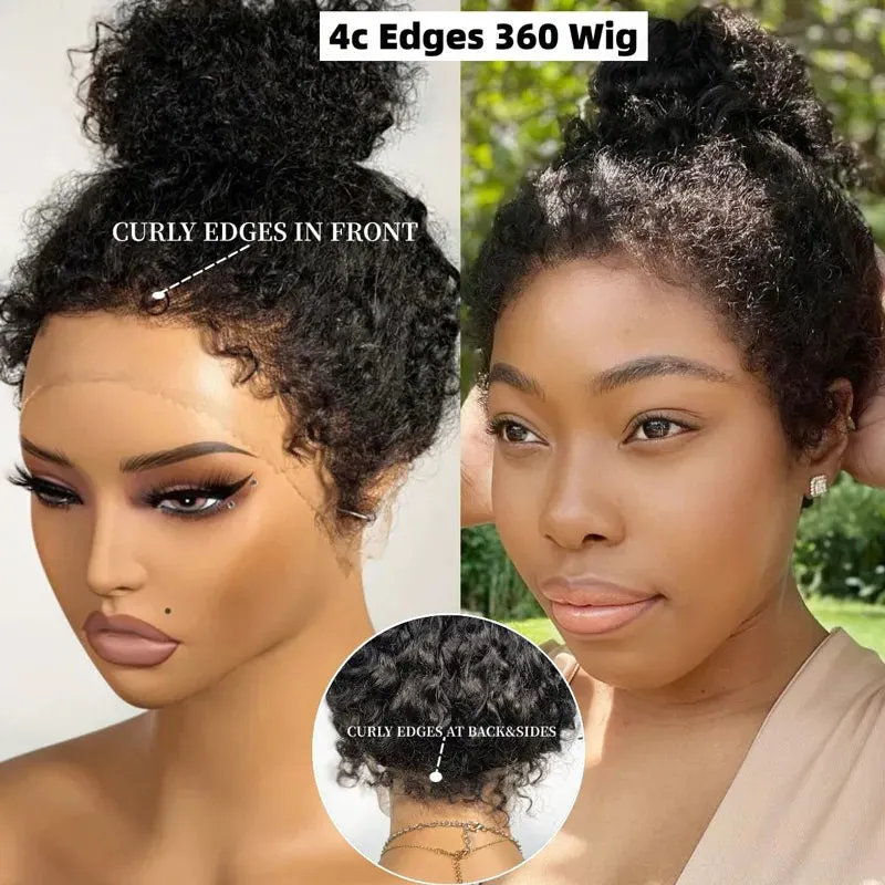 Kinky Curly 4C Edges Invisi Strap Laid Flat 360 Lace Wig Pre Cut Lace with Curly Baby Hair All Around