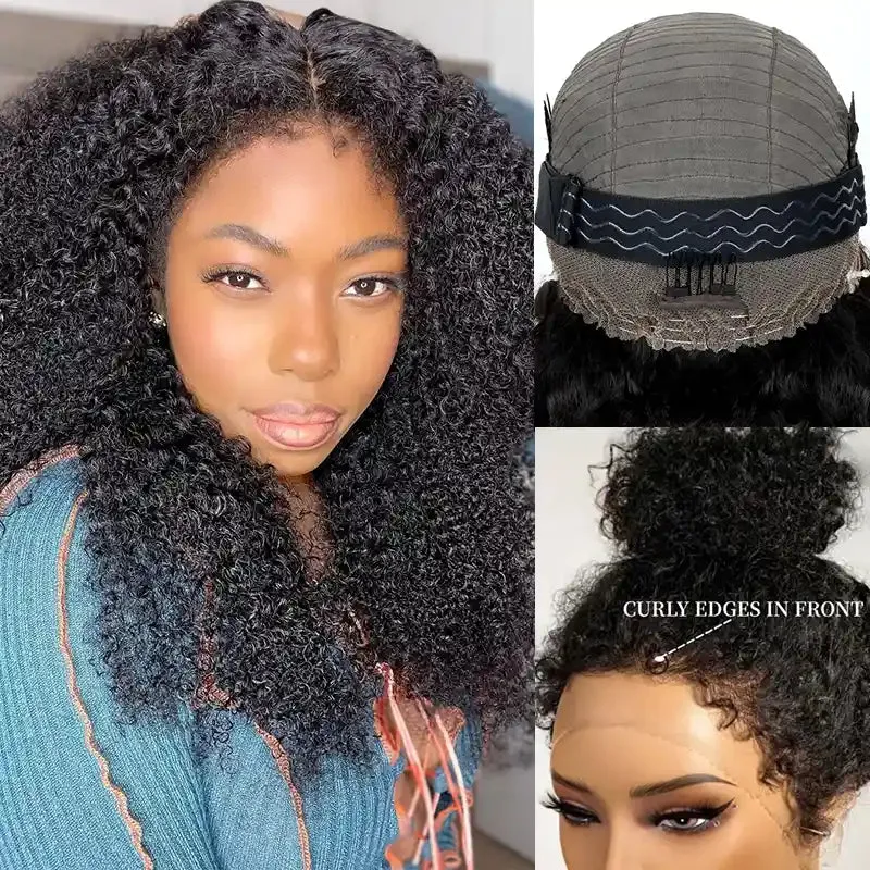 Kinky Curly 4C Edges Invisi Strap Laid Flat 360 Lace Wig Pre Cut Lace with Curly Baby Hair All Around