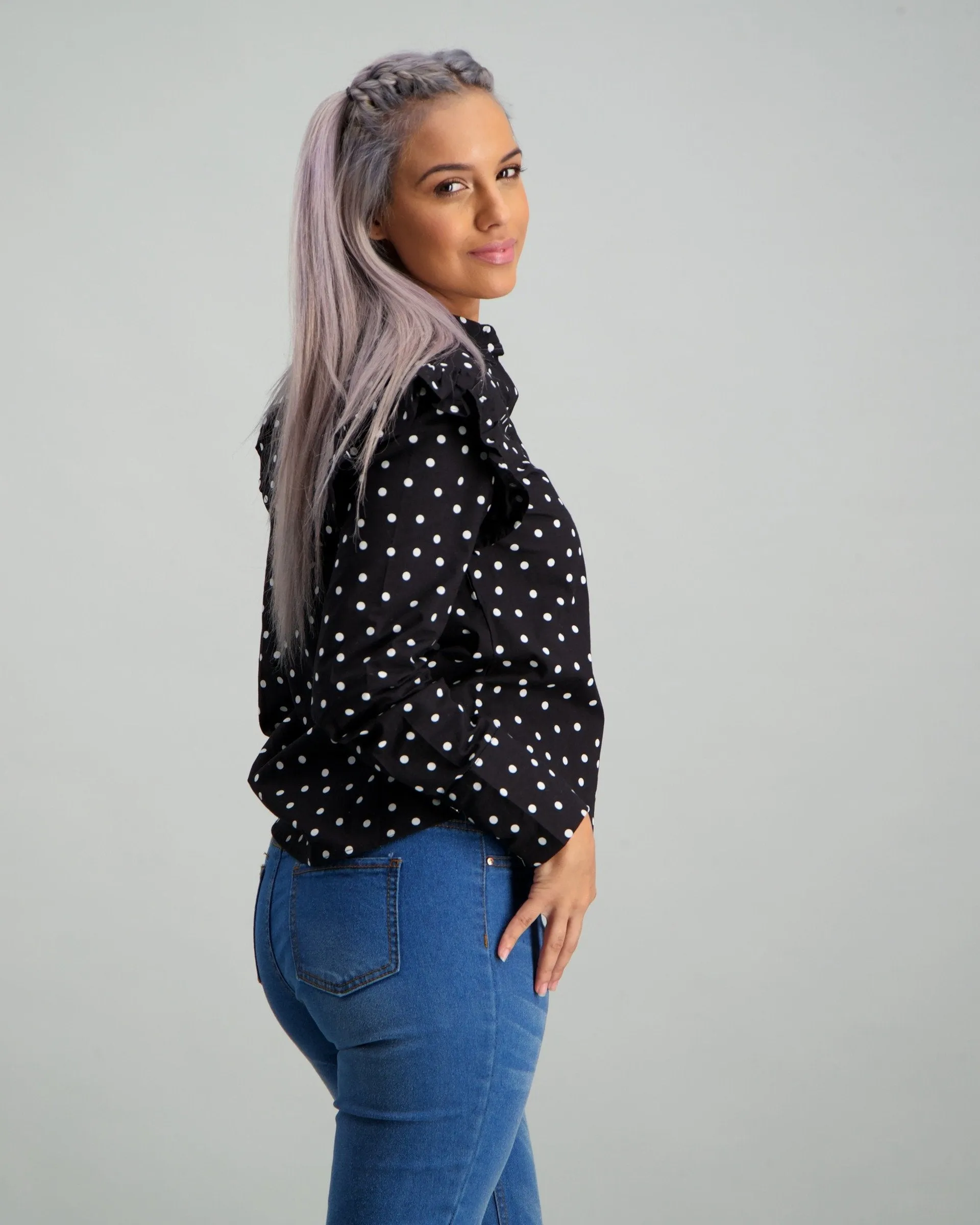 Ladies Blue & Black Spotted Print Shirt