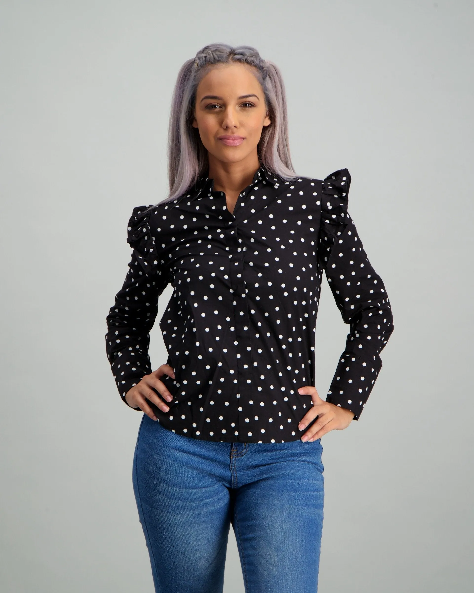 Ladies Blue & Black Spotted Print Shirt