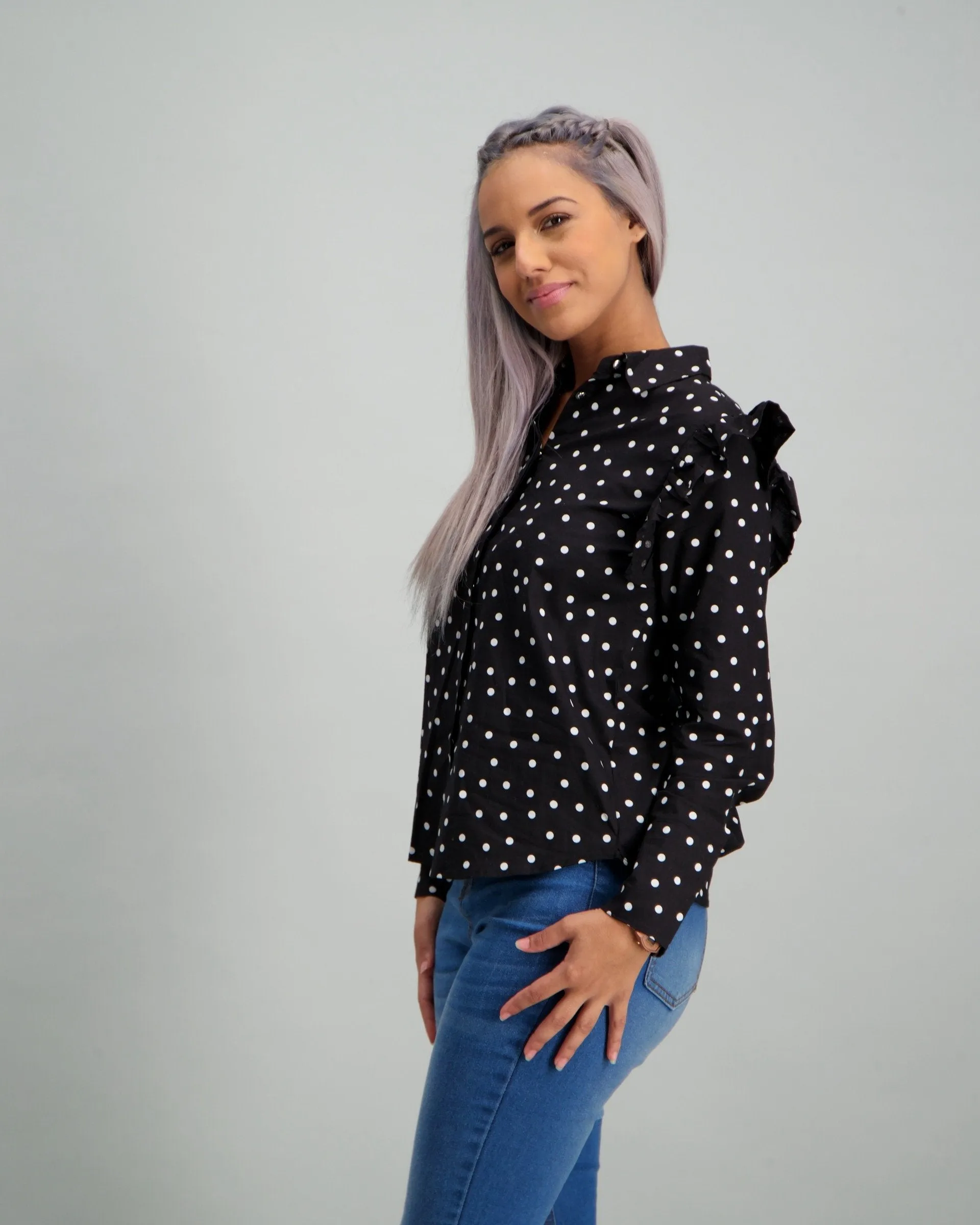 Ladies Blue & Black Spotted Print Shirt