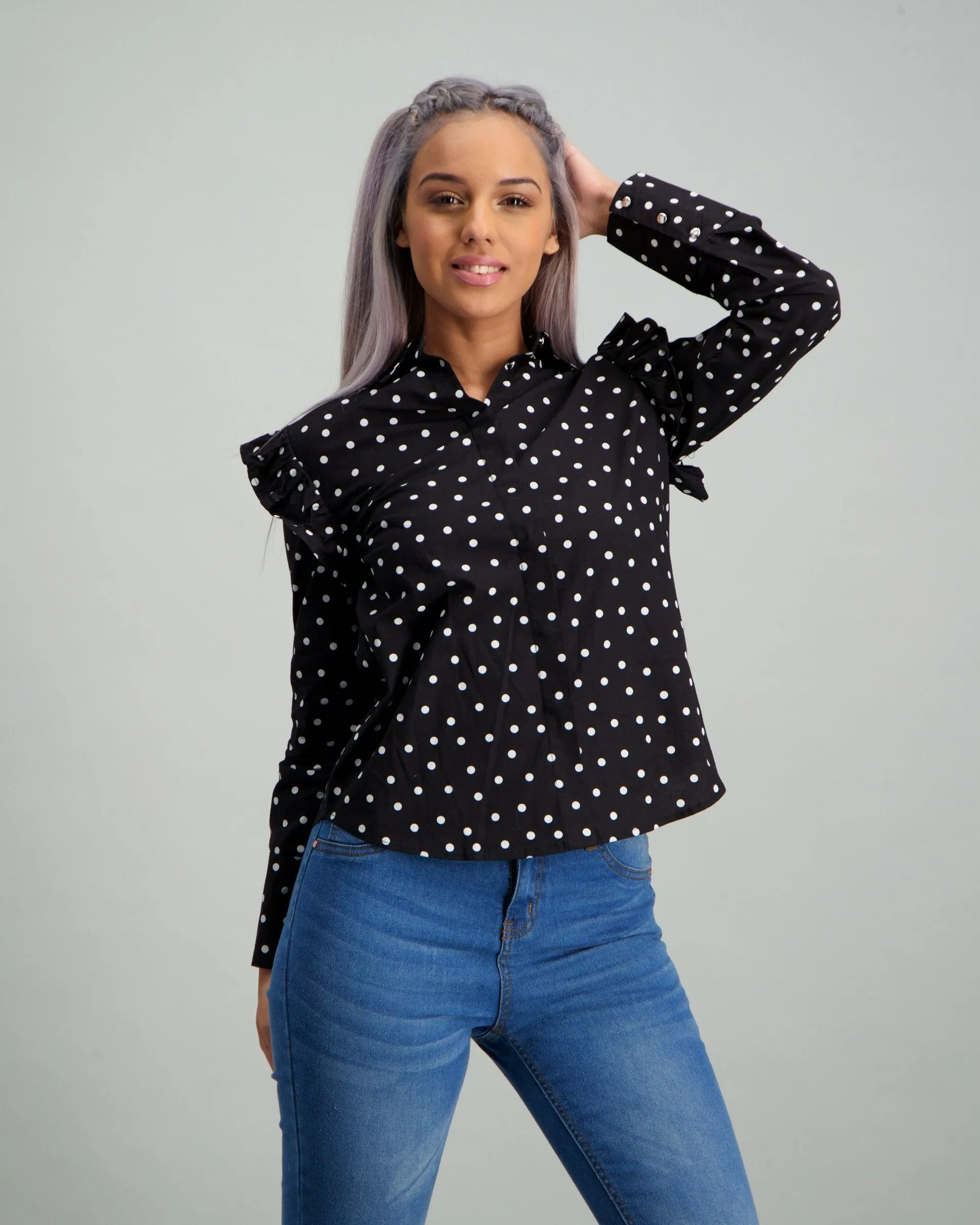 Ladies Blue & Black Spotted Print Shirt