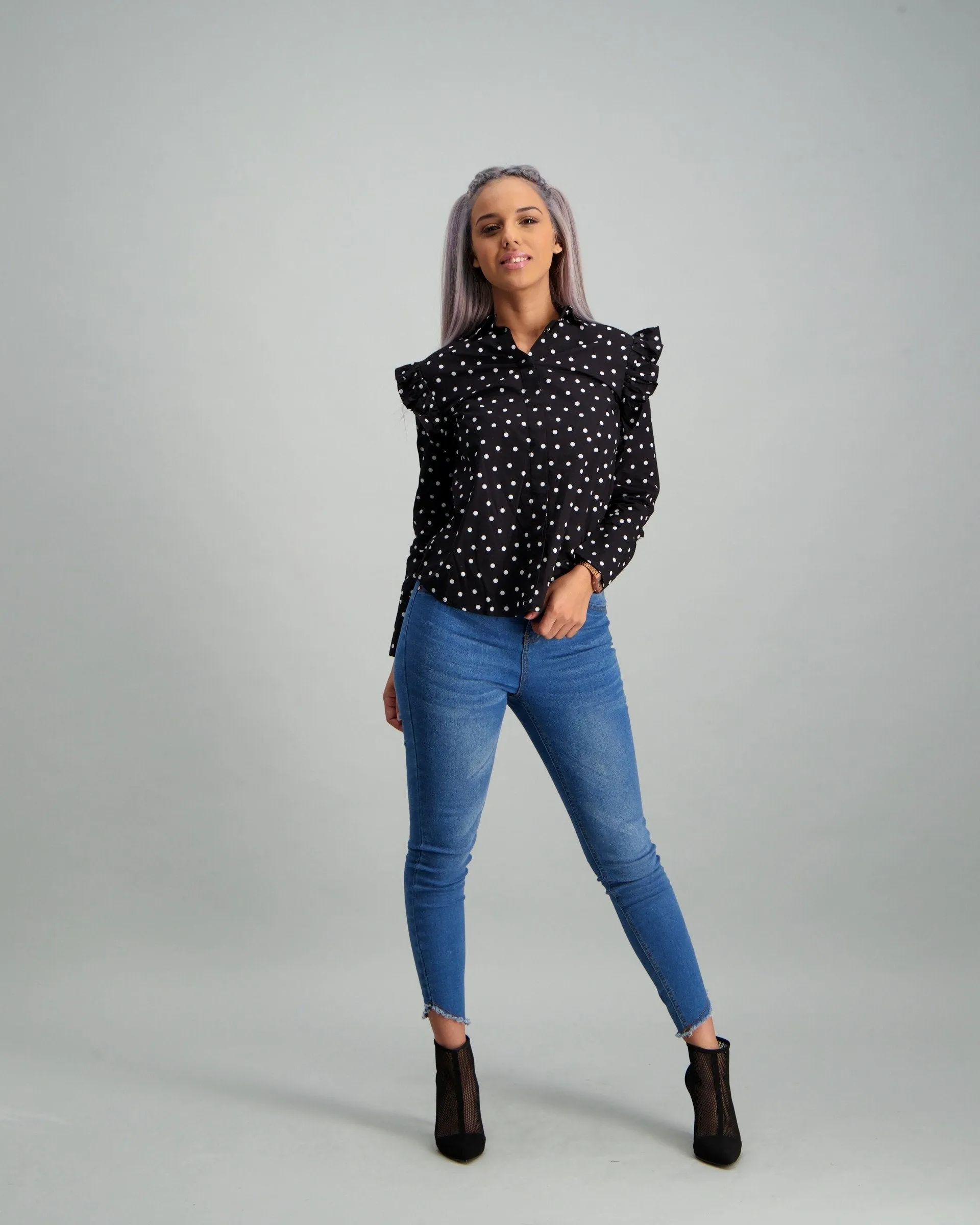 Ladies Blue & Black Spotted Print Shirt