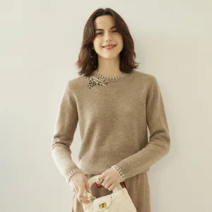 Lady Crew Neck Cashmere Sweater With Embroidered Contrast Stitch Trim