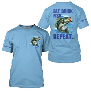 Largemouth Bass Fishing Custom Performance Fishing T-shirts Eat Drink Fish Repeat | Blue NQS6613
