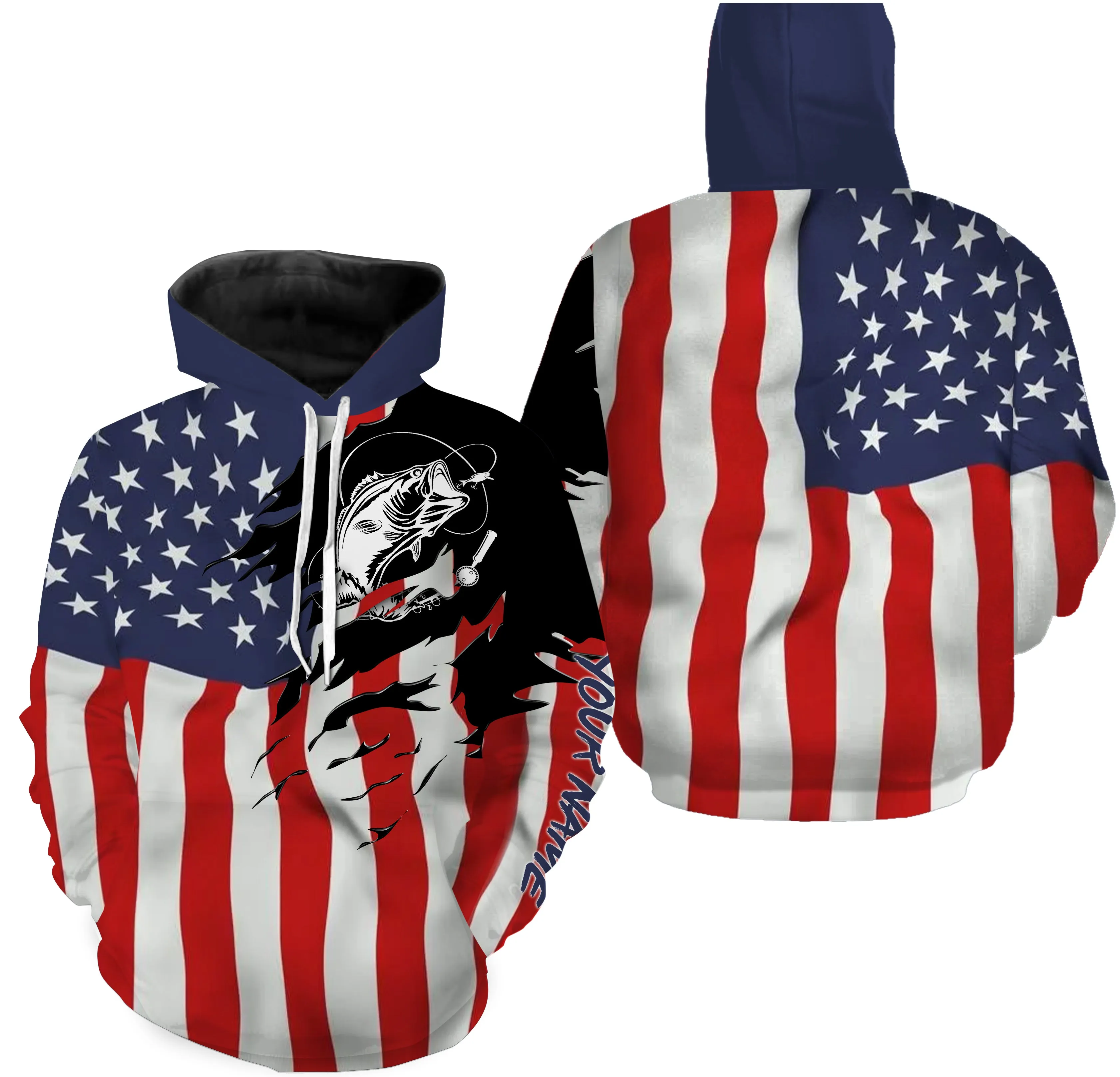 Largemouth bass fishing tattoos American flag patriotic custom fishing Shirts for men, women | Hoodie - NPQ501