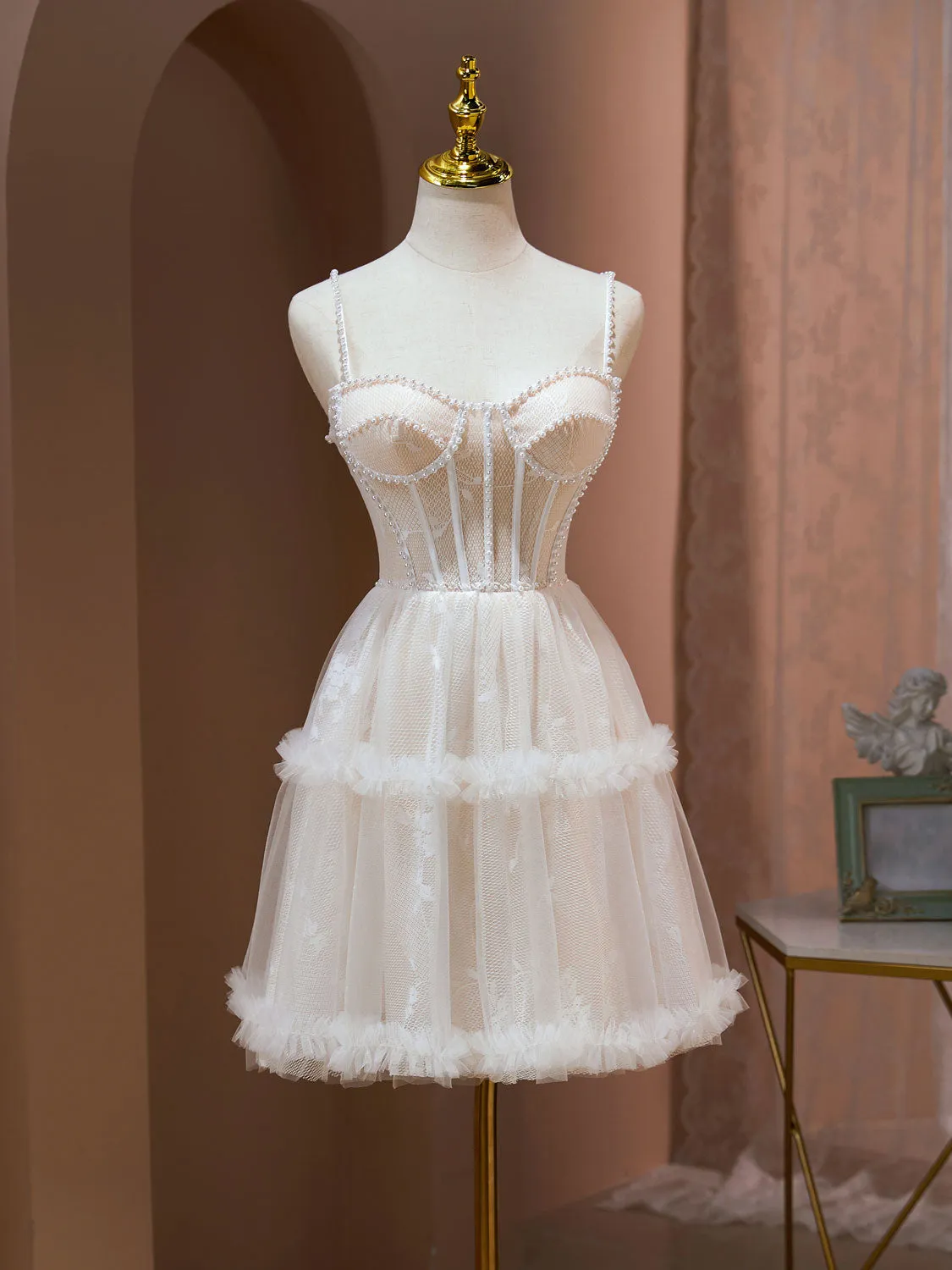 Light Champagne Mini/Short Prom Dresses, Lace Mini Champagne Homecoming Dresses