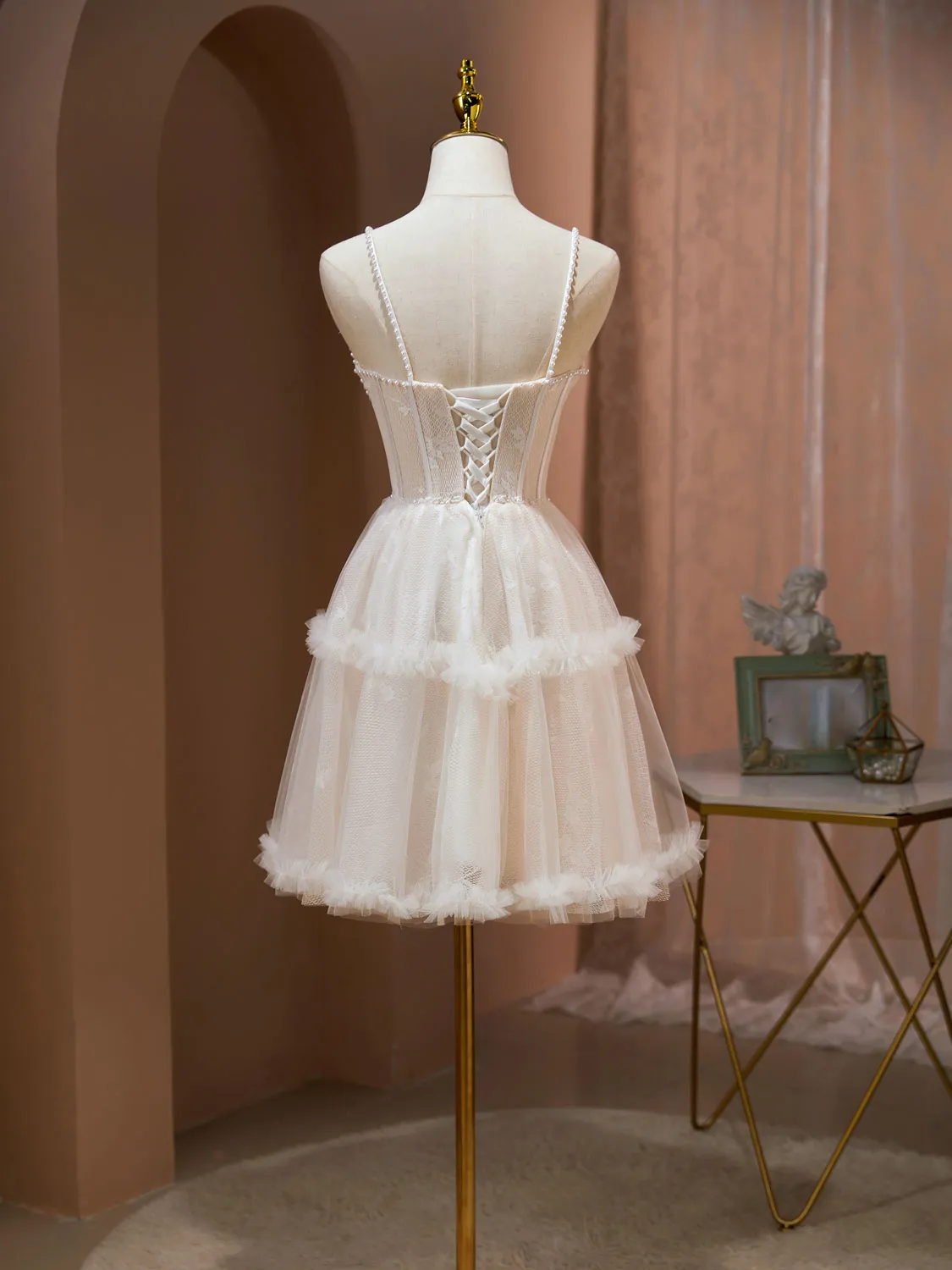 Light Champagne Mini/Short Prom Dresses, Lace Mini Champagne Homecoming Dresses