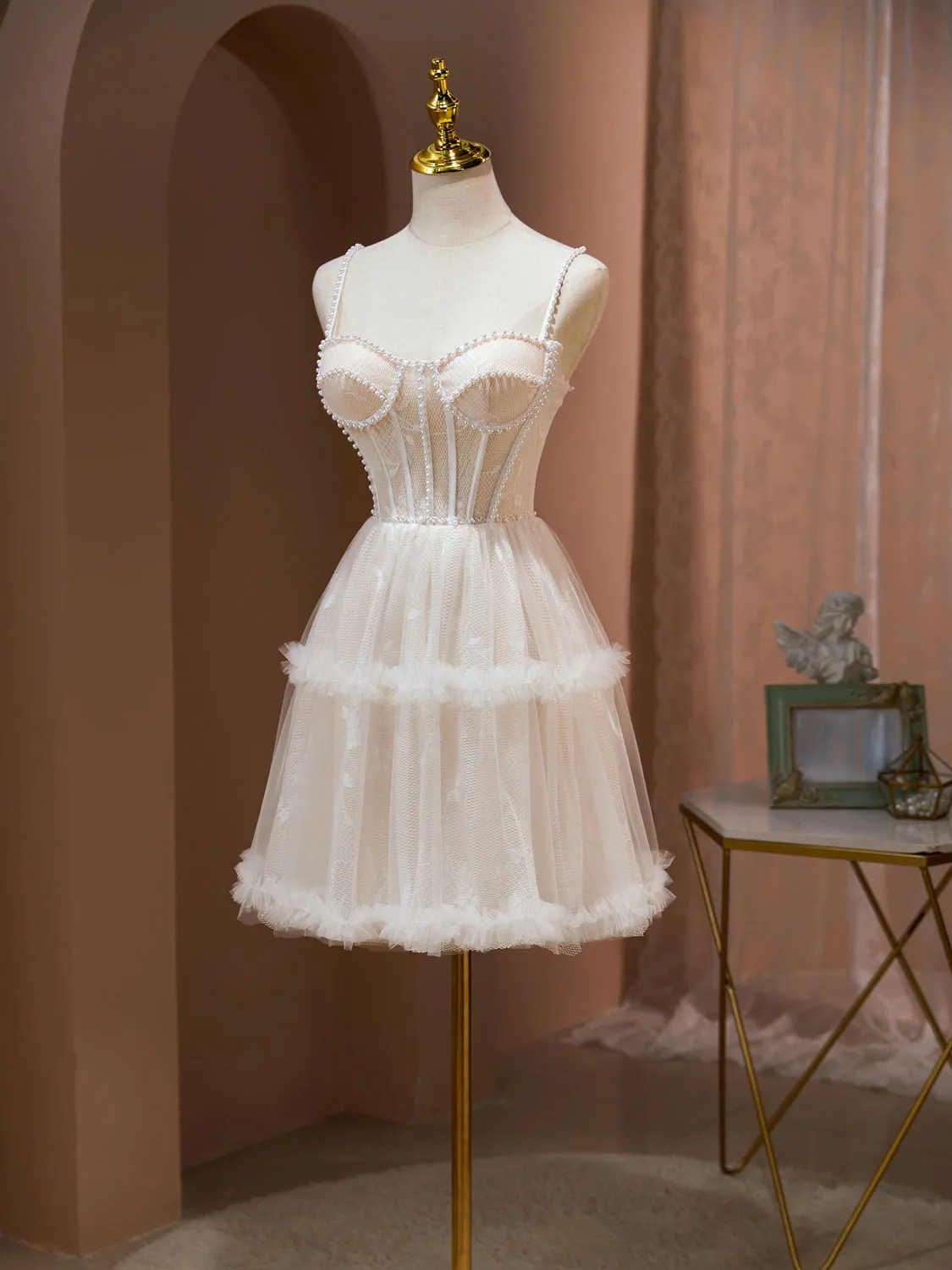 Light Champagne Mini/Short Prom Dresses, Lace Mini Champagne Homecoming Dresses