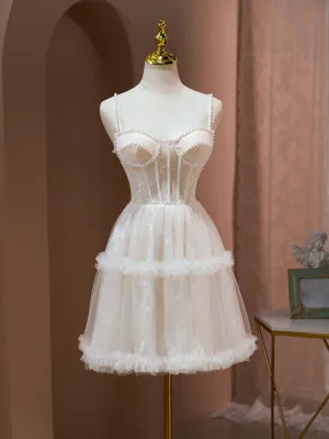 Light Champagne Mini/Short Prom Dresses, Lace Mini Champagne Homecoming Dresses
