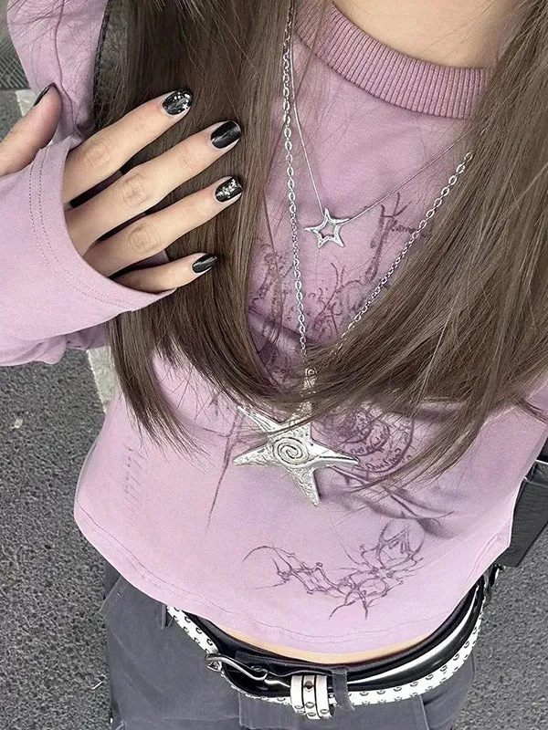 Lila Grunge Langarmshirt mit Grafikdruck