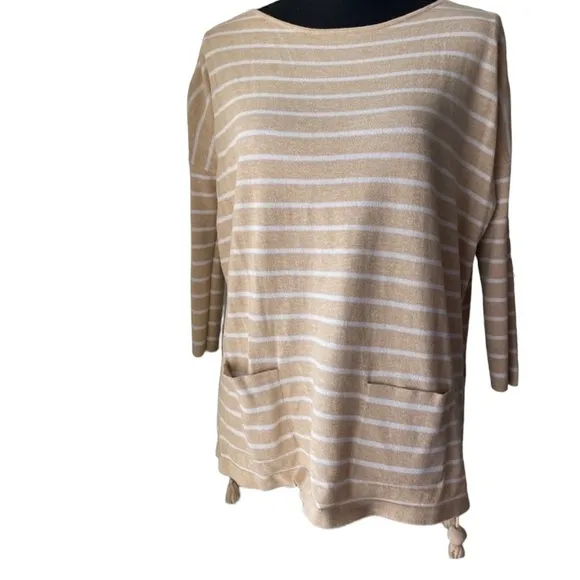 LILLY PULITZER ELBA TAN WHITE TASSEL POM POM BOATNECK OVERSIZED SWEATER TOP S