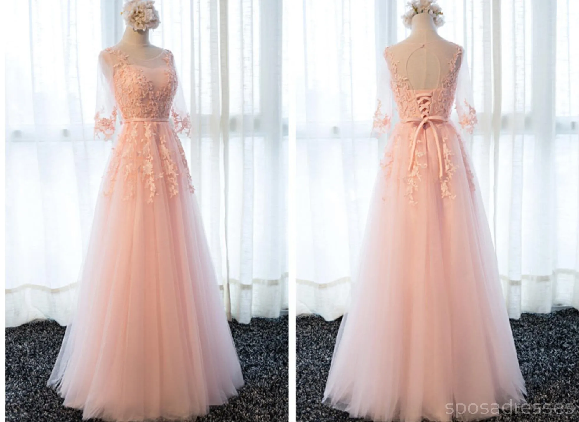 Long Sleeve Gray Lace Soft Tulle Long Bridesmaid Dresses, BD017
